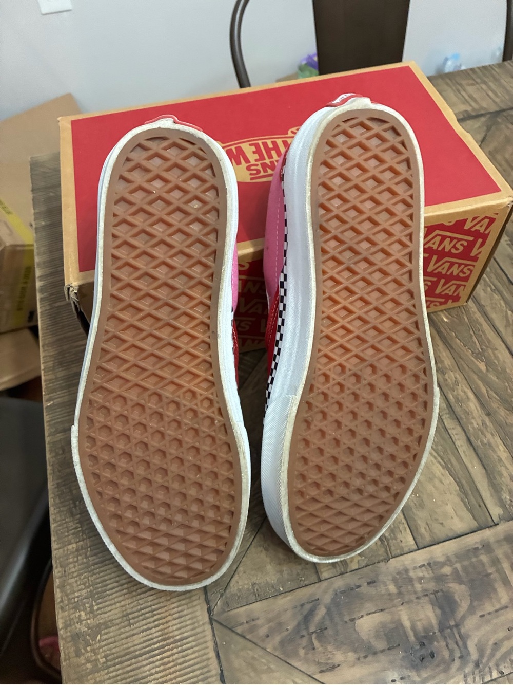Vans Canvas Slip-On Sneakers - Red & Pink with Checkerboard Trim - Picture 5 of 5